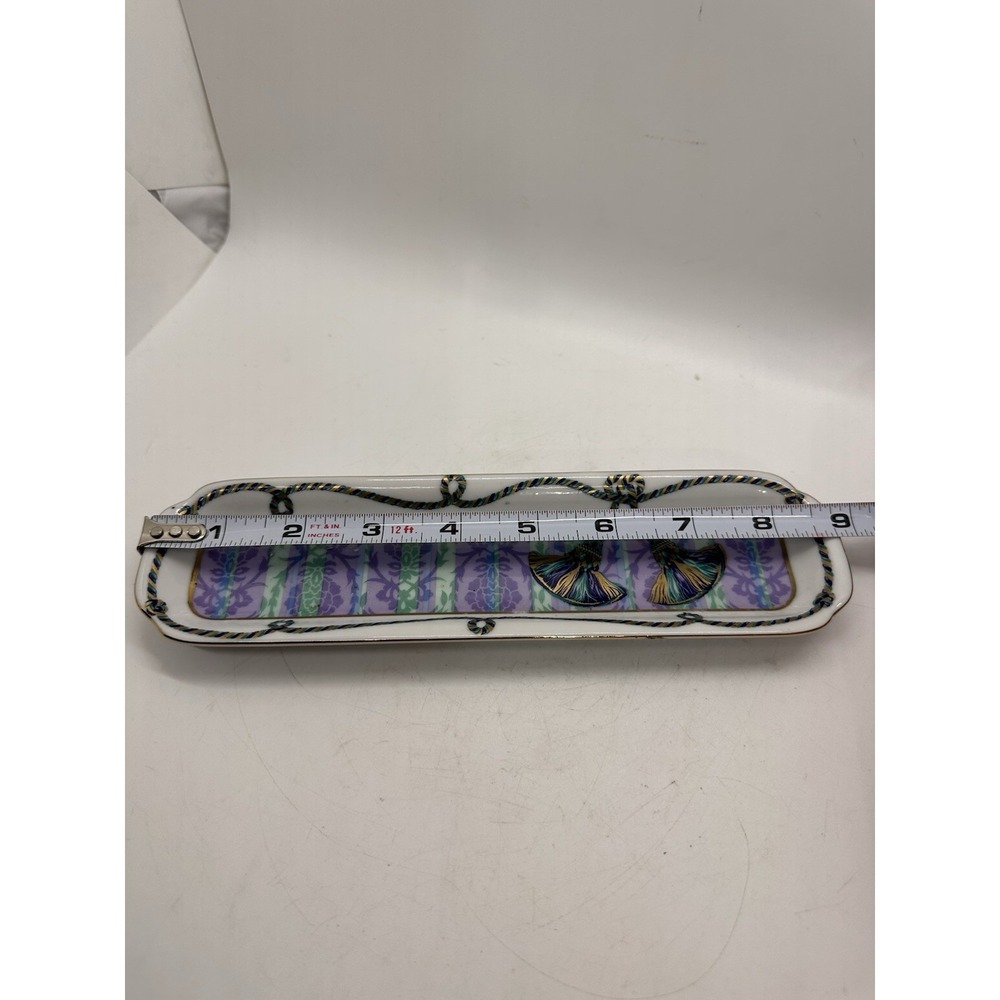 Neiman Marcus Porcelain Vanity Tray Purple Floral Tassel Desk Set Japan